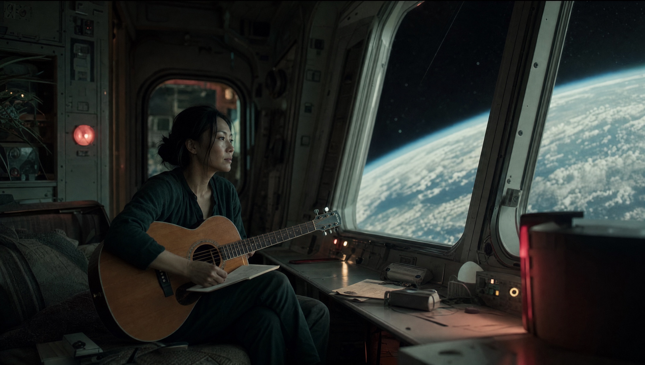 A songwriter composing beside Earth